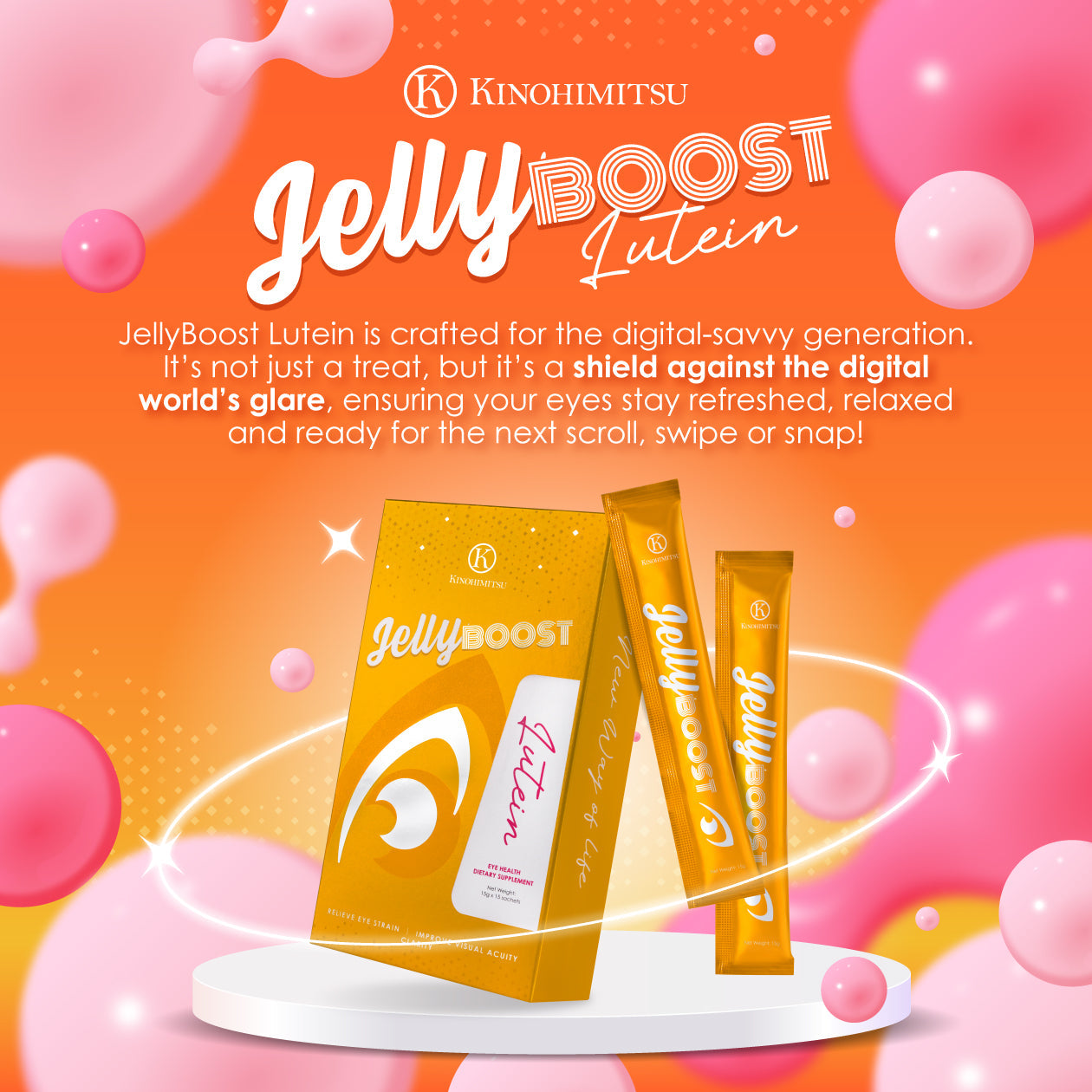Kinohimitsu JellyBoost Lutein - Eye supplement packaging for digital eye strain relief, featuring vibrant orange design with product sachets and description emphasizing protection against digital glare.
