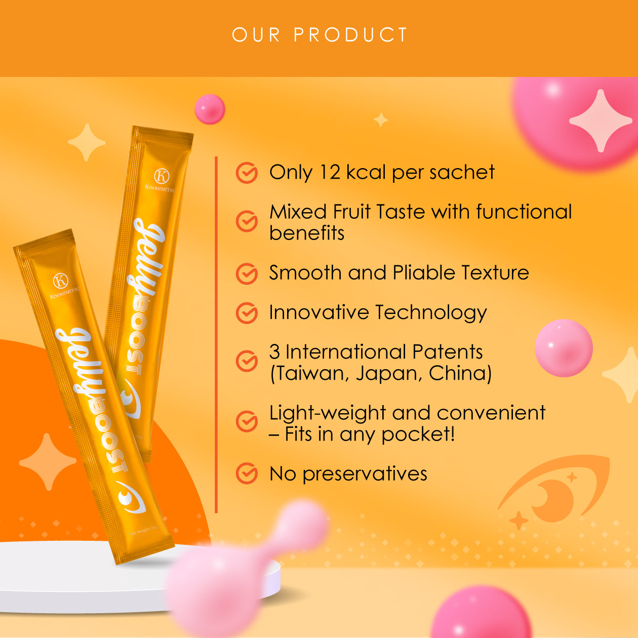 JellyBoost Lutein product by Kinohimitsu Malaysia, featuring orange sachets with the label 'jellyboost', highlighting key benefits such as only 12 kcal per sachet, mixed fruit taste, smooth and pliable texture, innovative technology, international patents, lightweight and convenient packaging, and no preservatives, set against an orange background with decorative bubbles.