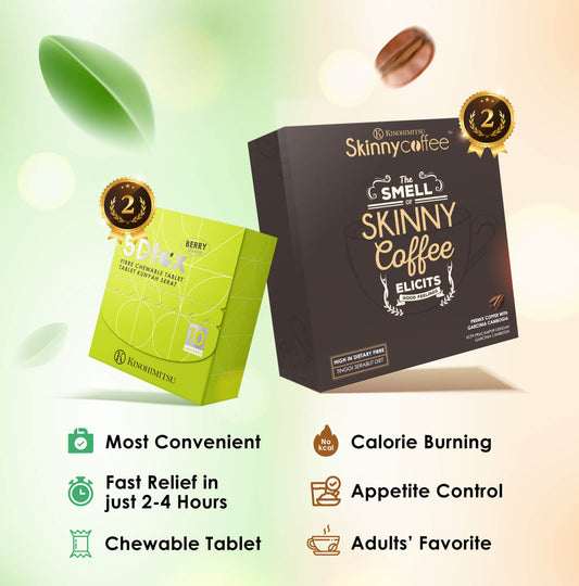 Kinohimitsu 5Dtox chewable fiber tablets and Skinny Coffee for calorie burning, appetite control and convenient fat management.