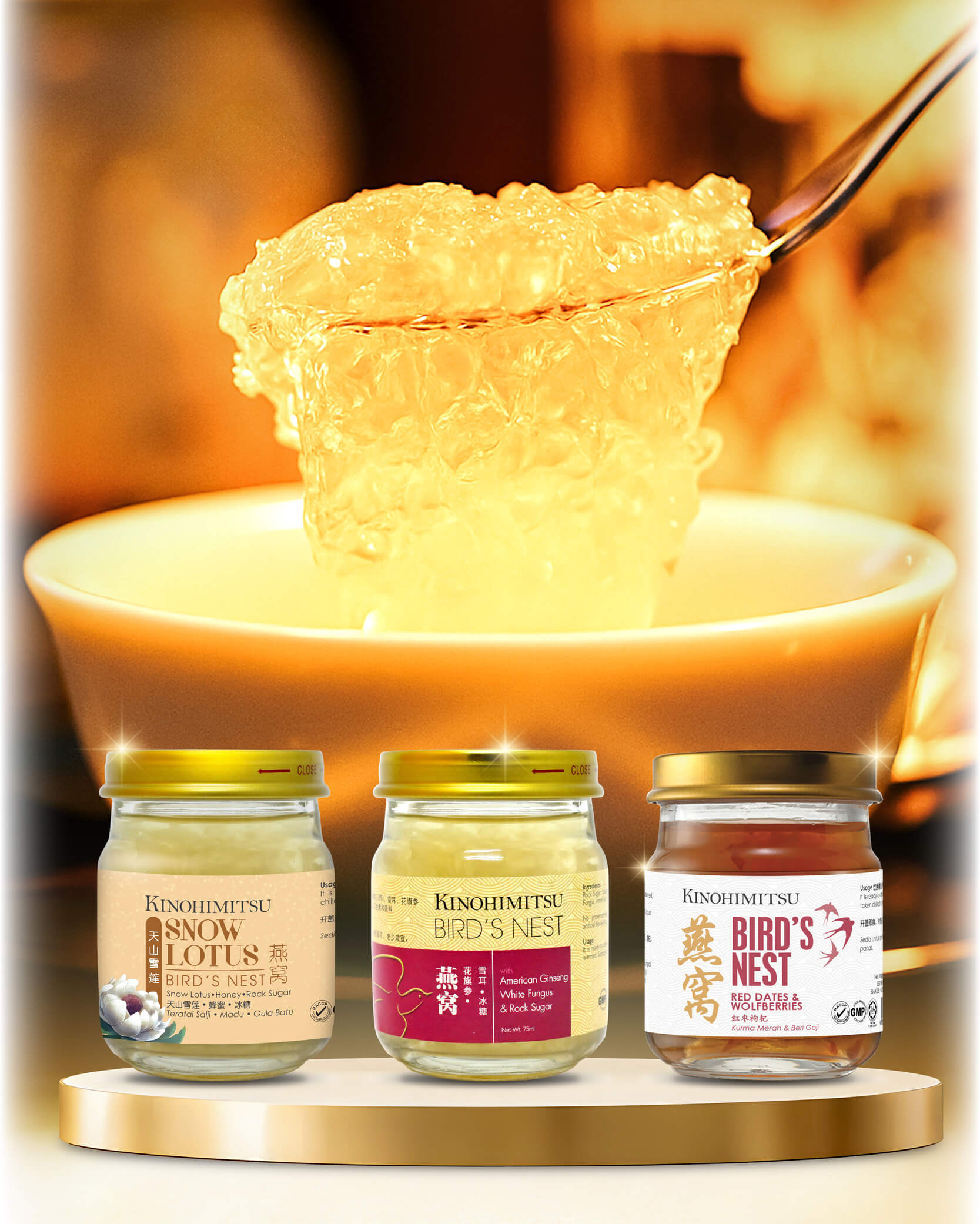 Kinohimitsu Bird’s Nest range — Snow Lotus, American Ginseng, and Red Dates with Wolfberries. Premium nourishment for beauty, immunity, and vitality.