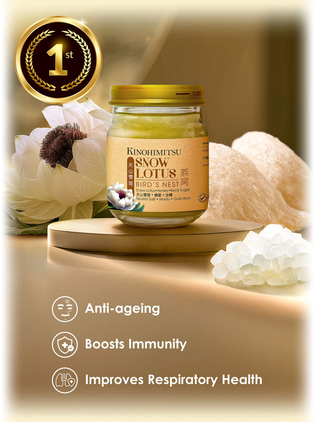 Kinohimitsu Snow Lotus Bird’s Nest — anti-ageing, boosts immunity, improves respiratory health with honey and rock sugar.