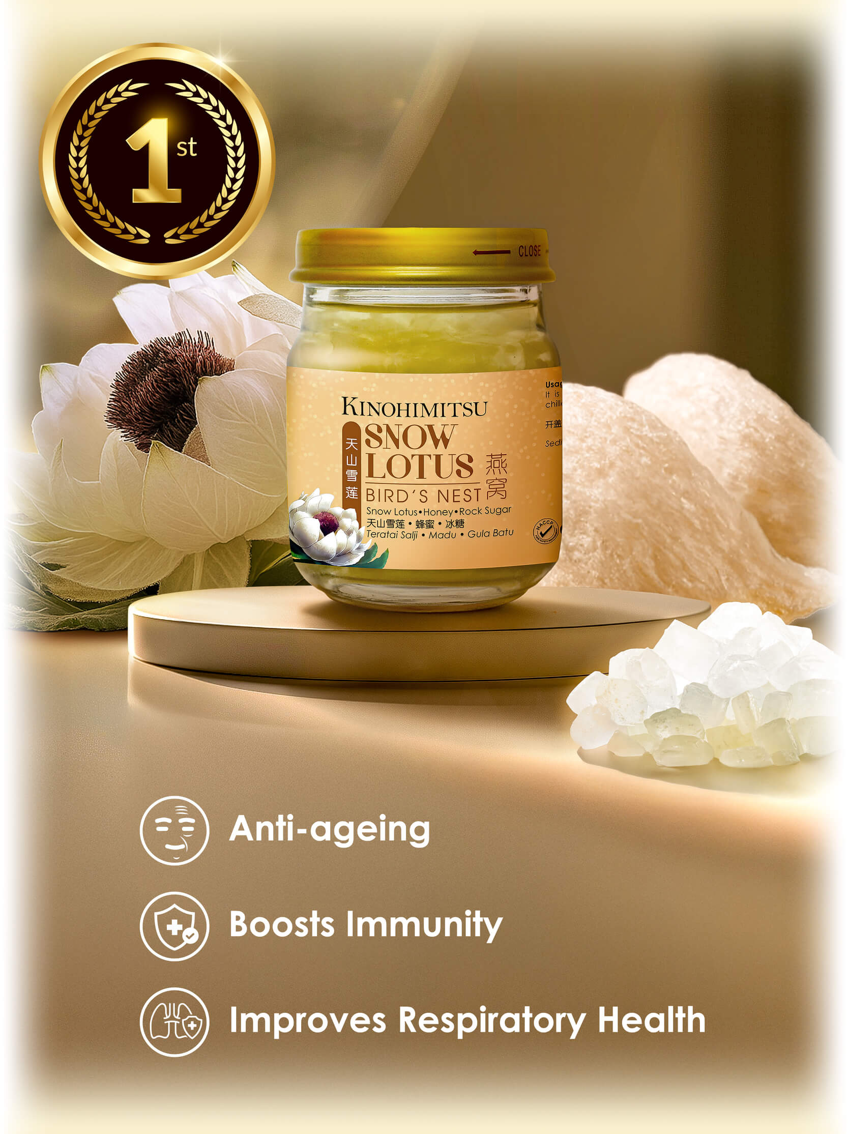 Kinohimitsu Snow Lotus Bird’s Nest — anti-ageing, boosts immunity, improves respiratory health with honey and rock sugar.