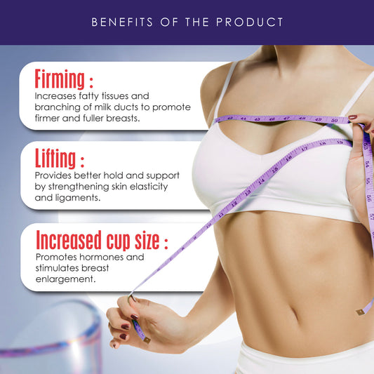 Promotional visual for Kinohimitsu C-Up Drink, showing a woman measuring her bust with a purple measuring tape. The artwork highlights three main benefits of the product: firming by increasing fatty tissues and milk ducts for fuller breasts, lifting by enhancing support through stronger skin elasticity and ligaments, and increasing cup size by promoting hormones and stimulating breast enlargement.