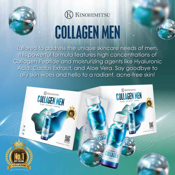 Kinohimitsu Collagen Men product packaging featuring bottles with a sleek design and promotional text highlighting collagen peptide and moisturizing ingredients like hyaluronic acid, cactus extract, and aloe vera. Includes a 'No.1 Best Selling Collagen' badge and emphasizes skincare benefits for men.