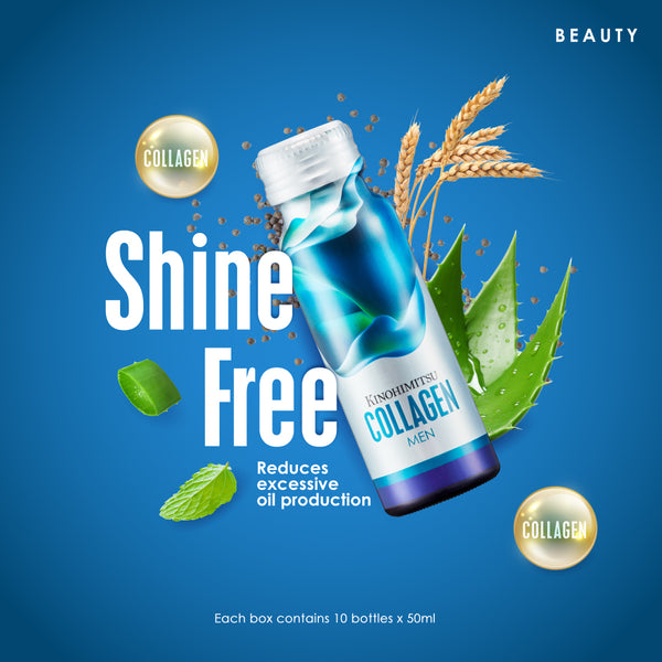 Kinohimitsu Collagen Men bottle with plant ingredients, emphasizing oil reduction and skin shine free benefits, product packaging includes 10 bottles of 50ml each.