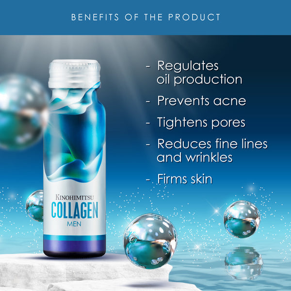 Kinohimitsu Collagen Men product with benefits listed: regulates oil production, prevents acne, tightens pores, reduces fine lines and wrinkles, and firms skin, depicted against a blue background with glowing orbs.