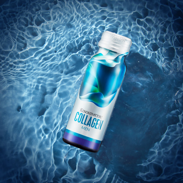 Kinohimitsu Collagen Men bottle floating on blue rippling water, highlighting skincare and rejuvenation benefits for men in Malaysia.