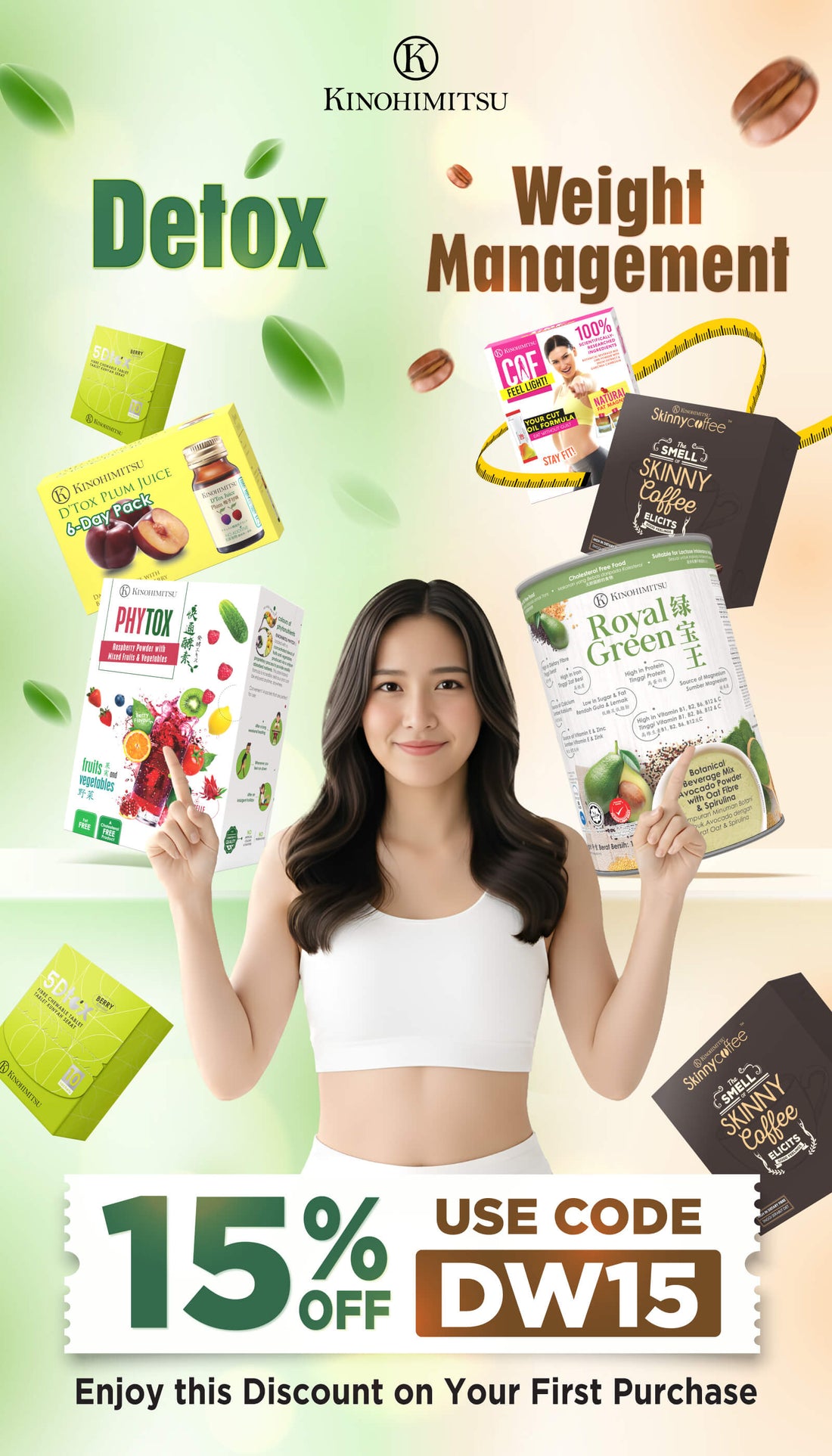 Kinohimitsu Detox and Weight Management banner featuring Phytox, Royal Green, COF, 5Dtox, and Skinny Coffee with 15% off first purchase code DW15.