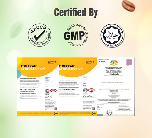 Kinohimitsu official certifications including HALAL, GMP, and HACCP with product safety and quality registration documents.