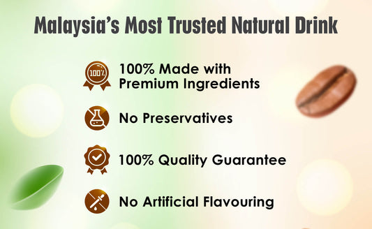 Kinohimitsu natural drink quality assurance highlighting premium ingredients, no preservatives, and 100% quality guarantee.