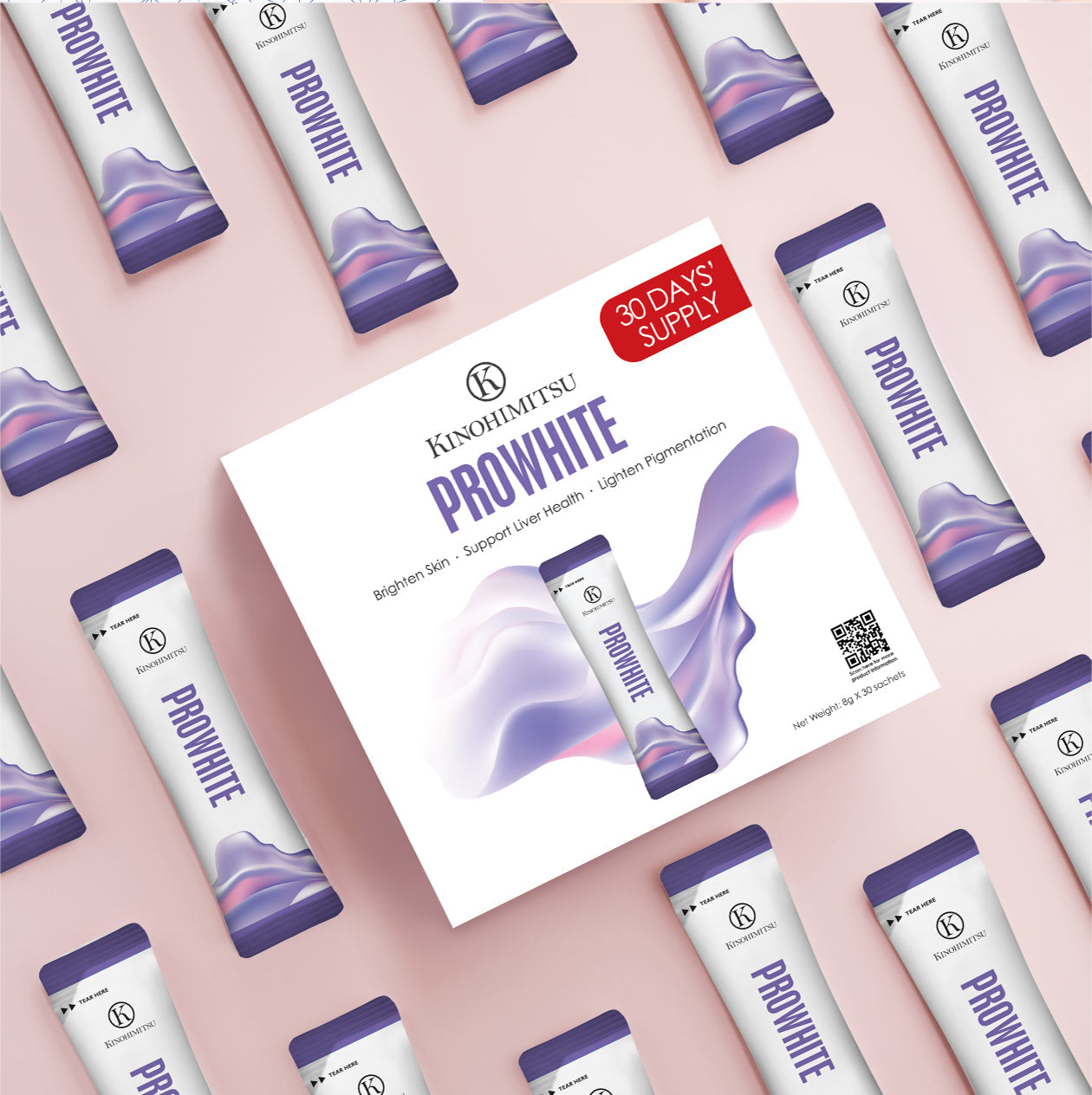 Kinohimitsu ProWhite product packaging featuring sachets for skin brightening, liver health support, and pigmentation lightening. 30-day supply displayed on a pink background.