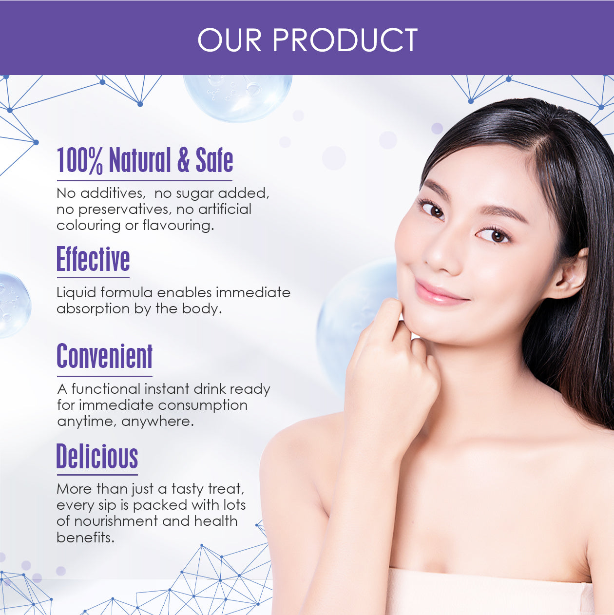 Kinohimitsu ProWhite product advertisement featuring benefits such as 100% natural and safe, effective, convenient, and delicious. Includes an image of a smiling woman with clear skin against a light background with molecular design elements.