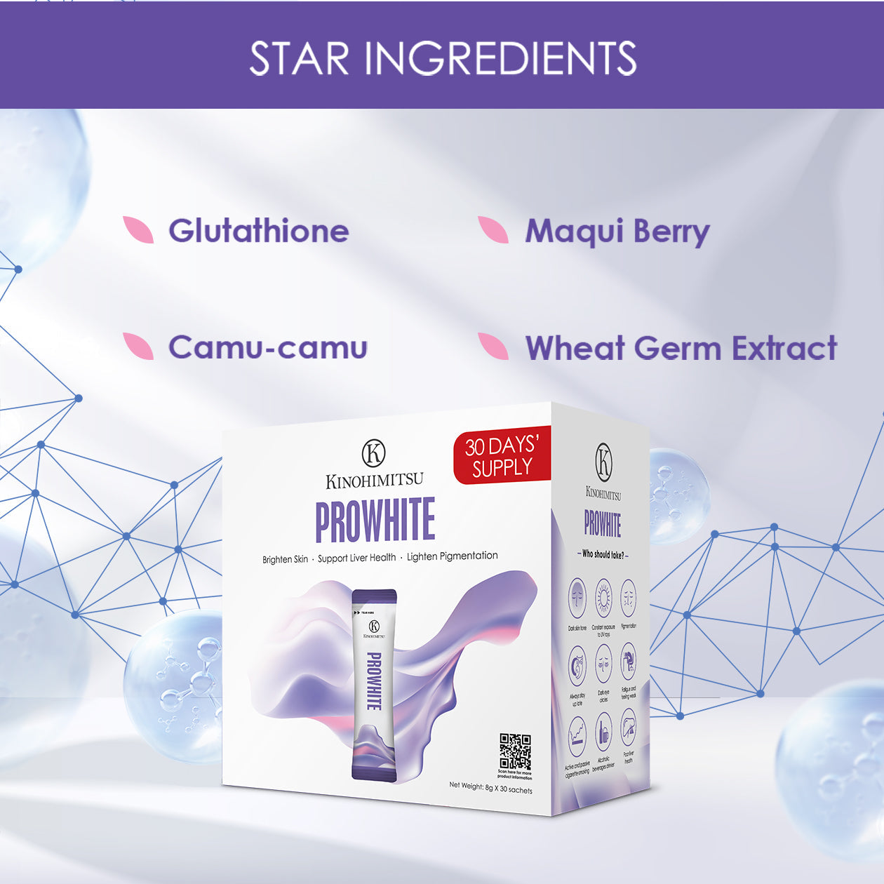 Kinohimitsu ProWhite supplement packaging highlighting key ingredients such as Glutathione, Maqui Berry, Camu-camu, and Wheat Germ Extract for skin brightening and liver support.