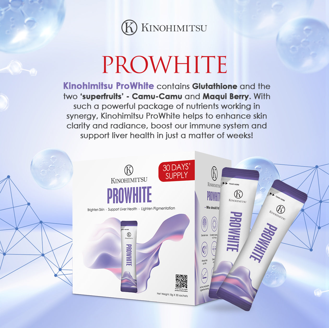 Promotional image for Kinohimitsu ProWhite in Malaysia showcasing product packaging with two sachets and a box labeled '30 Days' Supply.' Features marketing claims such as skin brightening, liver health support, and pigmentation lightening, highlighting ingredients like Glutathione, Camu-Camu, and Maqui Berry.