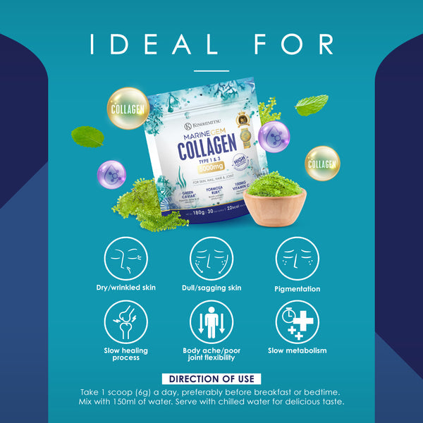 Marine Gem Collagen product ideal for skin and health improvements; features benefits like reducing dry, wrinkled skin, dullness, pigmentation, slow metabolism, healing, and poor joint flexibility. Includes directions for use.