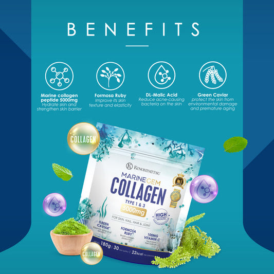 Packaging of Kinohimitsu Marine Gem Collagen product highlighting benefits such as marine collagen peptide, Formosa Ruby, DL-Malic Acid, and Green Caviar for skin health and hydration.