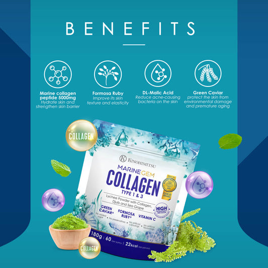 Packaging of Kinohimitsu Marine Gem Collagen product highlighting benefits such as marine collagen peptide, Formosa Ruby, DL-Malic Acid, and Green Caviar for skin health and hydration.