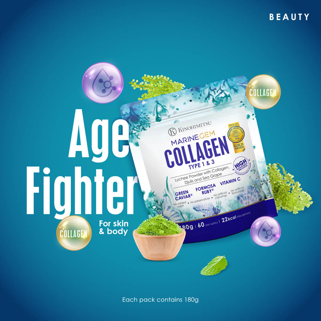 Kinohimitsu Marine Gem Collagen Type 1 & 3 packaging on a blue background, labeled as an 'Age Fighter' for skin and body. Features include 5000mg collagen, green caviar, Formosa ruby, and vitamin C. Contains 180g per pack.