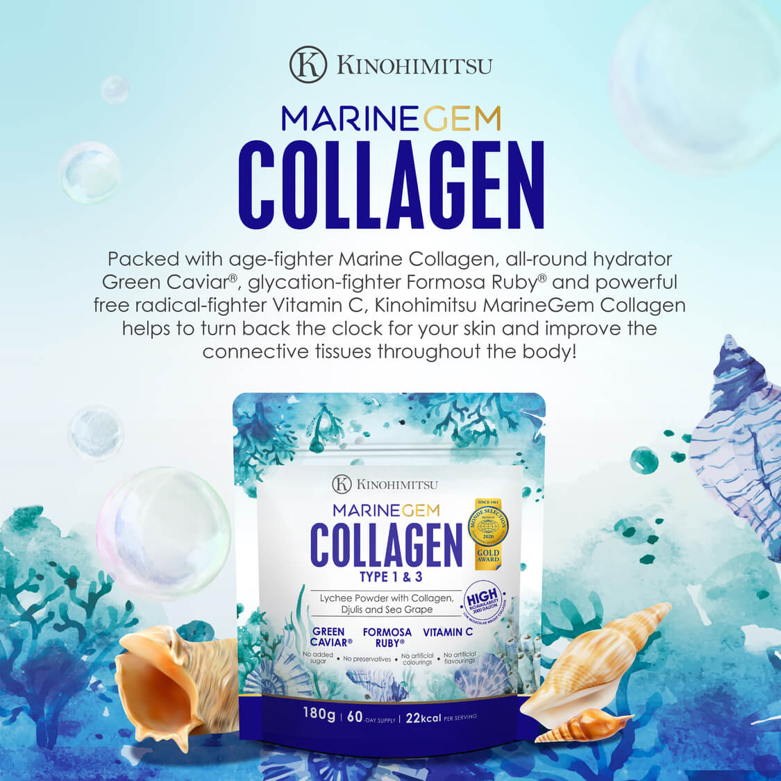 Kinohimitsu MarineGem Collagen powder with Marine Collagen Type 1 & 3, Green Caviar, Formosa Ruby and Vitamin C for firm skin, anti-ageing, stronger hair, joints and bone health.