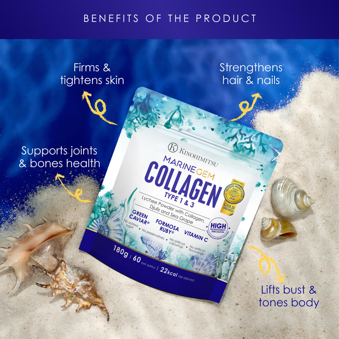 Kinohimitsu Marine Gem Collagen packaging on sand with seashells, highlighting benefits firms skin, strengthens hair and nails, supports joint health.