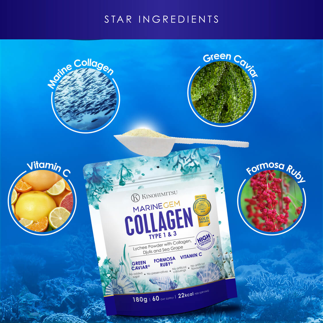 Kinohimitsu Marine Gem Collagen product packaging, featuring star ingredients such as marine collagen, green caviar, vitamin C, and Formosa ruby, set against an oceanic background.