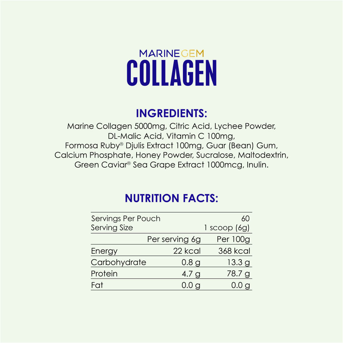 Ingredients and nutrition facts of Marine Gem Collagen by Kinohimitsu Malaysia featuring marine collagen, lychee powder, Vitamin C, and other components with detailed per serving and per 100g nutritional values.