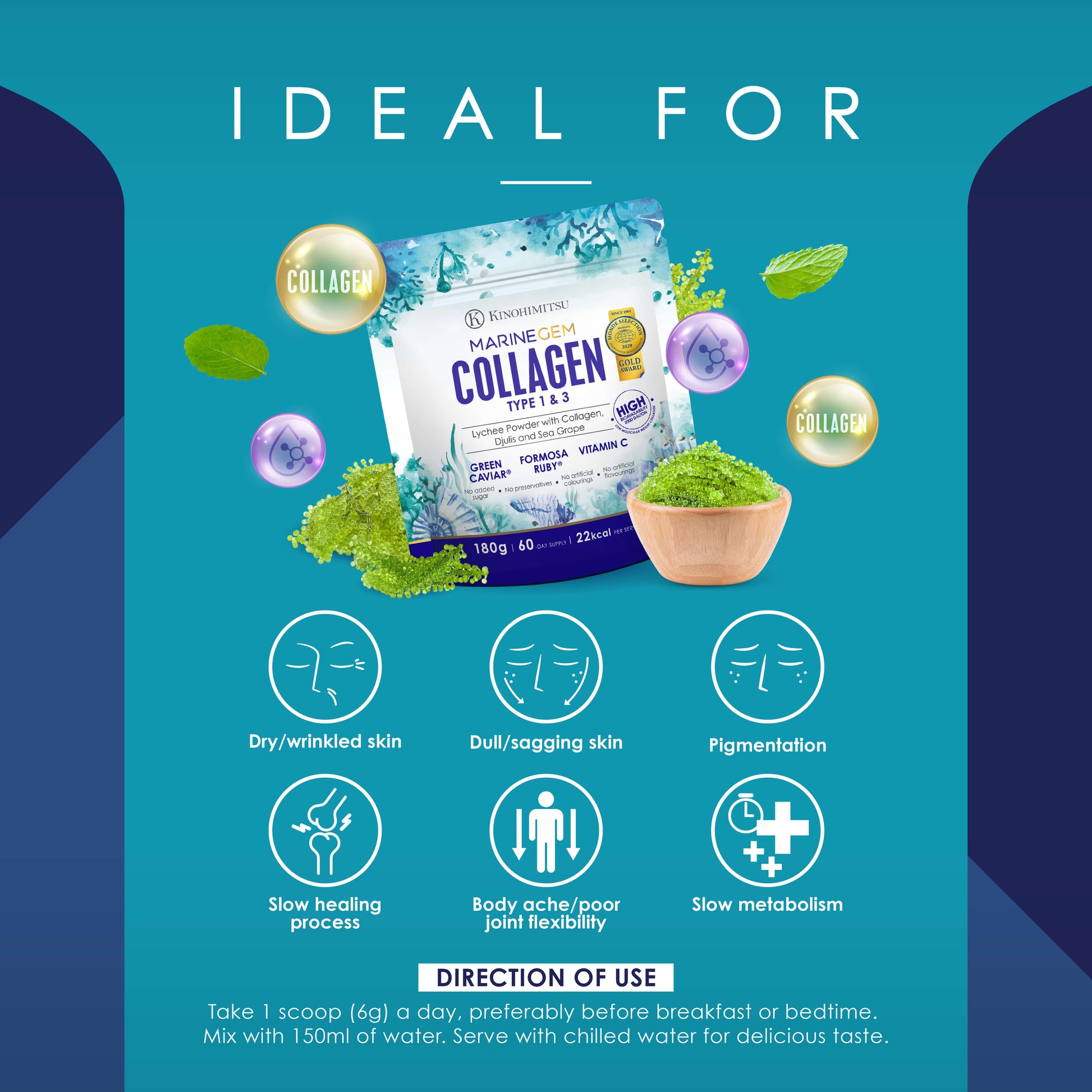 Marine Gem Collagen product ideal for skin and health improvements; features benefits like reducing dry, wrinkled skin, dullness, pigmentation, slow metabolism, healing, and poor joint flexibility. Includes directions for use.