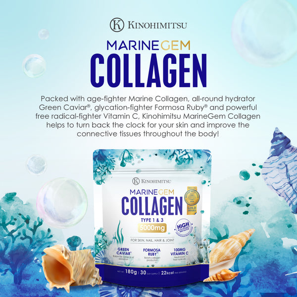 Kinohimitsu Marine Gem Collagen packaging and promotional backdrop, highlighting benefits of marine collagen, green caviar, Formosa Ruby, and Vitamin C for skin, nail, hair, and joint health.