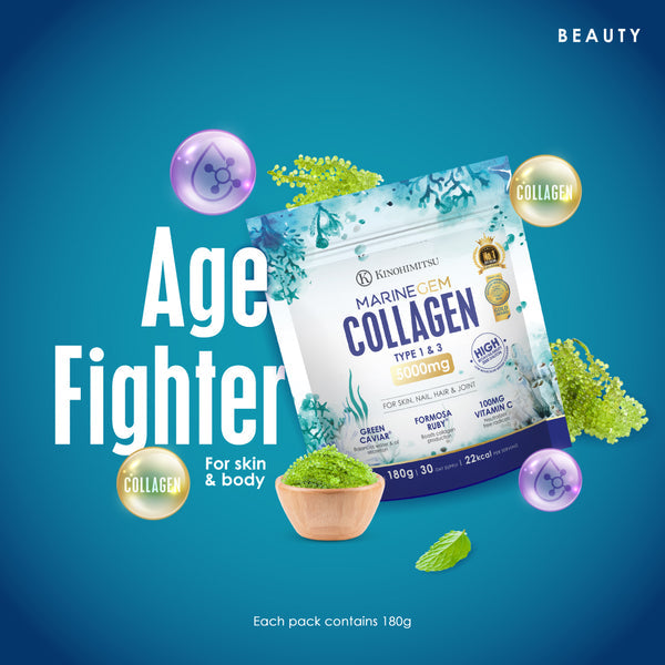 Kinohimitsu Marine Gem Collagen Type 1 & 3 packaging on a blue background, labeled as an 'Age Fighter' for skin and body. Features include 5000mg collagen, green caviar, Formosa ruby, and vitamin C. Contains 180g per pack.