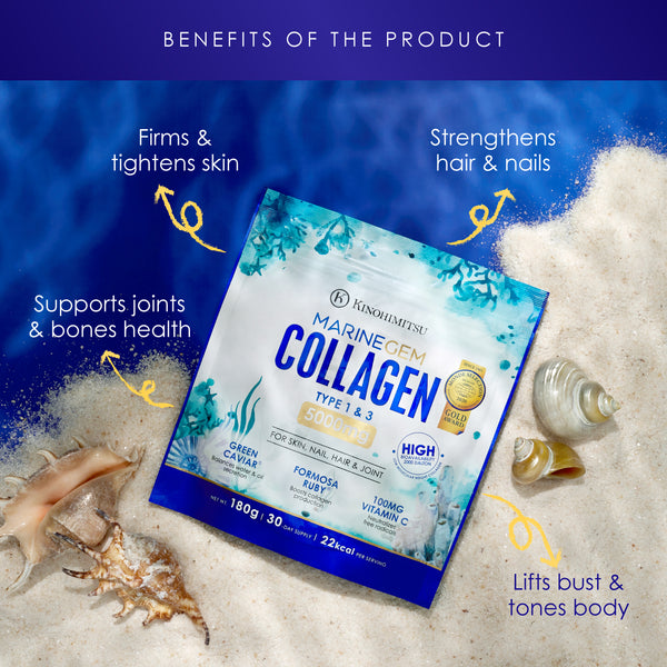 Kinohimitsu Marine Gem Collagen packaging on sand with seashells, highlighting benefits: firms skin, strengthens hair and nails, supports joint health.