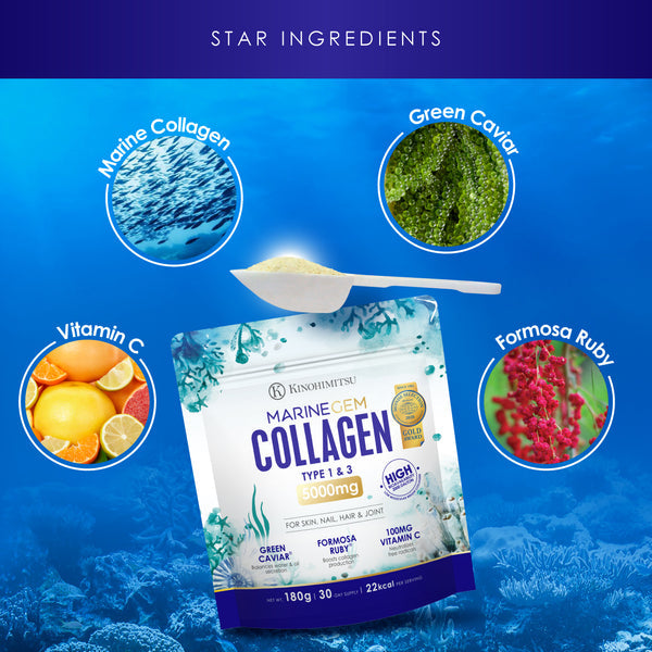 Kinohimitsu Marine Gem Collagen product packaging, featuring star ingredients such as marine collagen, green caviar, vitamin C, and Formosa ruby, set against an oceanic background.