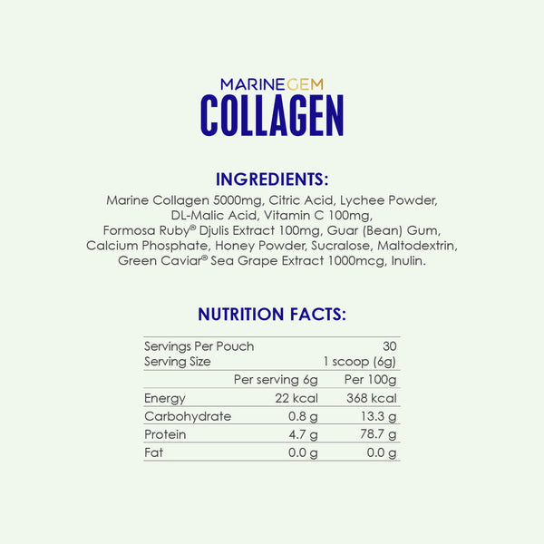 Ingredients and nutrition facts of Marine Gem Collagen by Kinohimitsu Malaysia featuring marine collagen, lychee powder, Vitamin C, and other components with detailed per serving and per 100g nutritional values.