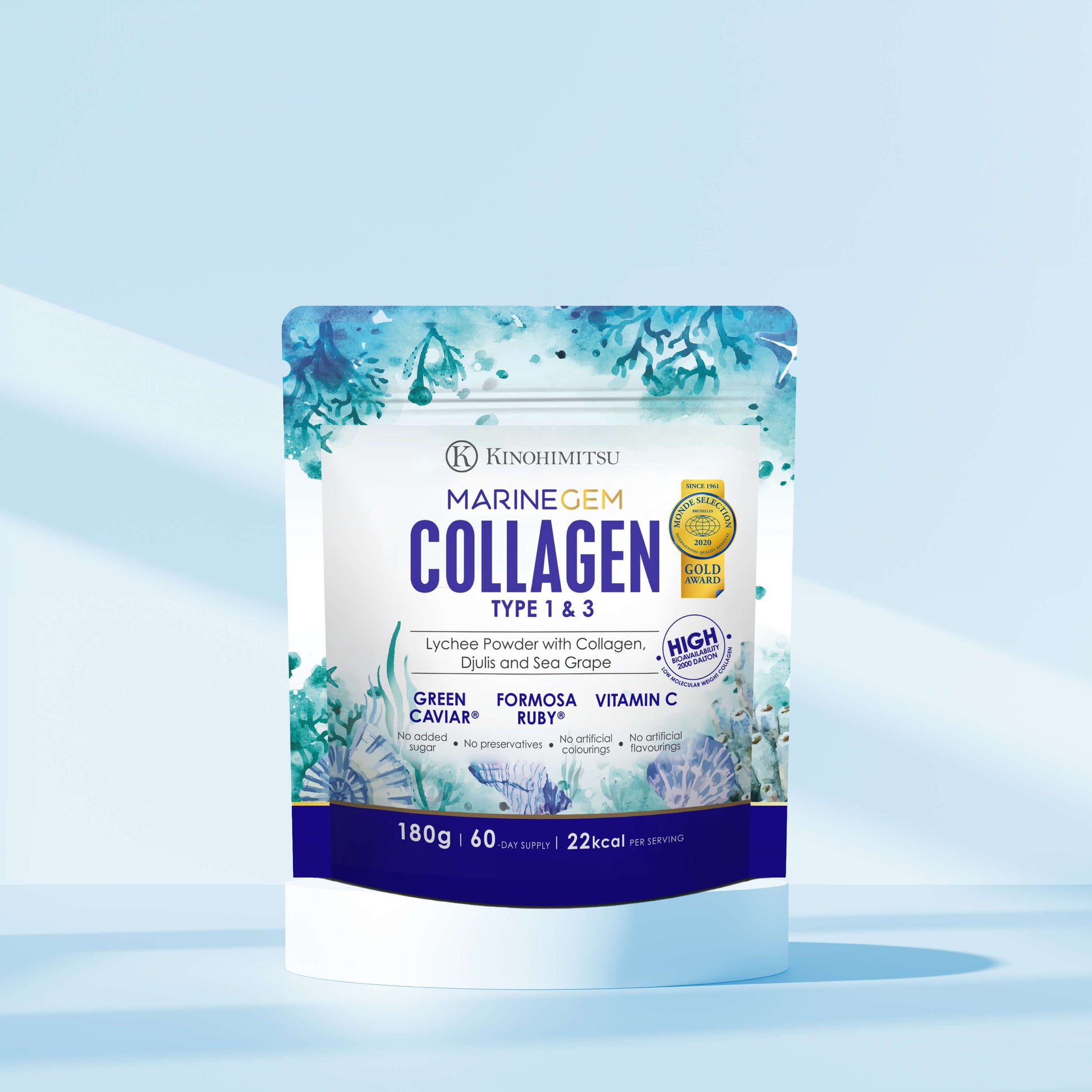 Kinohimitsu Marine Gem Collagen Type 1 & 3 supplement packaging featuring 5000mg dosage for skin, nail, hair, and joint health with ingredients like Green Caviar, Formosa Ruby, and 100mg Vitamin C, highlighting high potency and nutritional benefits.