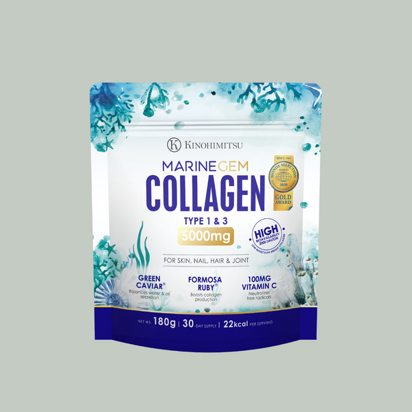 Kinohimitsu Marine Gem Collagen product packaging featuring 5000mg Type 1 & 3 collagen for skin, nail, hair, and joint health with green caviar, Formosa Ruby, and vitamin C.