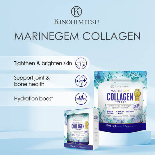 Kinohimitsu Marine Gem Collagen packaging featuring benefits such as skin tightening, joint support, and hydration. Includes product details like 5000mg of collagen type 1 and 3, green caviar, Formosa ruby, and vitamin C.