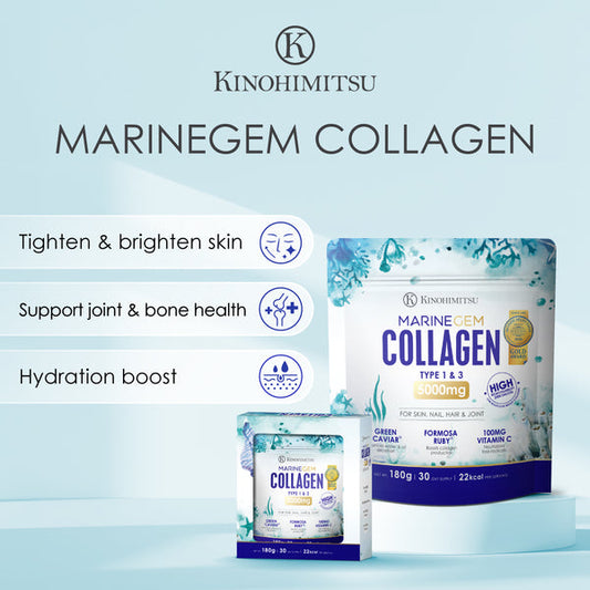 Kinohimitsu Marine Gem Collagen packaging featuring benefits such as skin tightening, joint support, and hydration. Includes product details like 5000mg of collagen type 1 and 3, green caviar, Formosa ruby, and vitamin C.