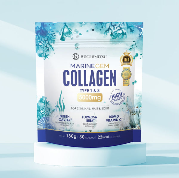 Kinohimitsu Marine Gem Collagen Type 1 & 3 supplement packaging featuring 5000mg dosage for skin, nail, hair, and joint health with ingredients like Green Caviar, Formosa Ruby, and 100mg Vitamin C, highlighting high potency and nutritional benefits.