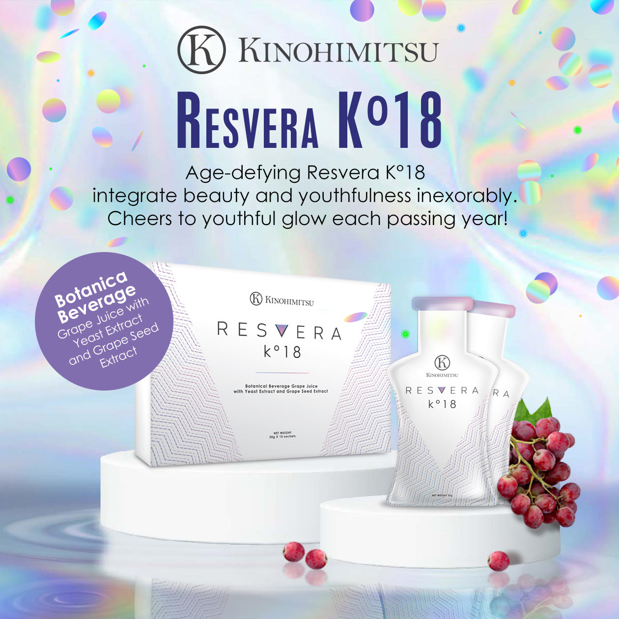 Resvera K°18 by Kinohimitsu Malaysia - Advertisement displaying product packaging with grape juice, yeast extract, and grape seed extract, promoting its age-defying and youthful glow benefits, with colorful background and grapes illustration. Kinohimitsu Resvera K°18 packaging with a vibrant, holographic background, highlighting its anti-aging benefits and grape extract ingredients.