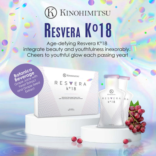 Resvera K°18 by Kinohimitsu Malaysia - Advertisement displaying product packaging with grape juice, yeast extract, and grape seed extract, promoting its age-defying and youthful glow benefits, with colorful background and grapes illustration. Kinohimitsu Resvera K°18 packaging with a vibrant, holographic background, highlighting its anti-aging benefits and grape extract ingredients.