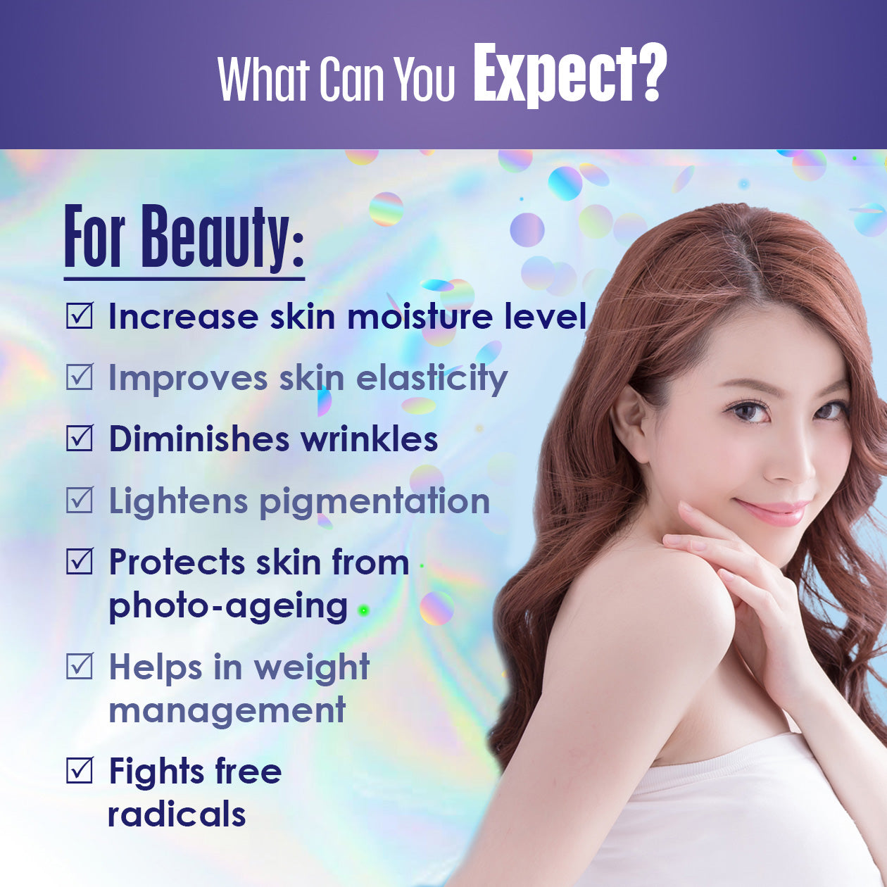 Promotional image for Resvera K°18 by Kinohimitsu Malaysia featuring a woman with smooth skin and a list of beauty benefits including increased skin moisture, improved elasticity, diminished wrinkles, lightened pigmentation, protection from photo-ageing, weight management help, and fighting free radicals. Promotional image for Resvera K°18 by Kinohimitsu Malaysia, featuring a smiling woman with healthy skin. The image highlights beauty benefits such as increased skin moisture, improved elasticity.