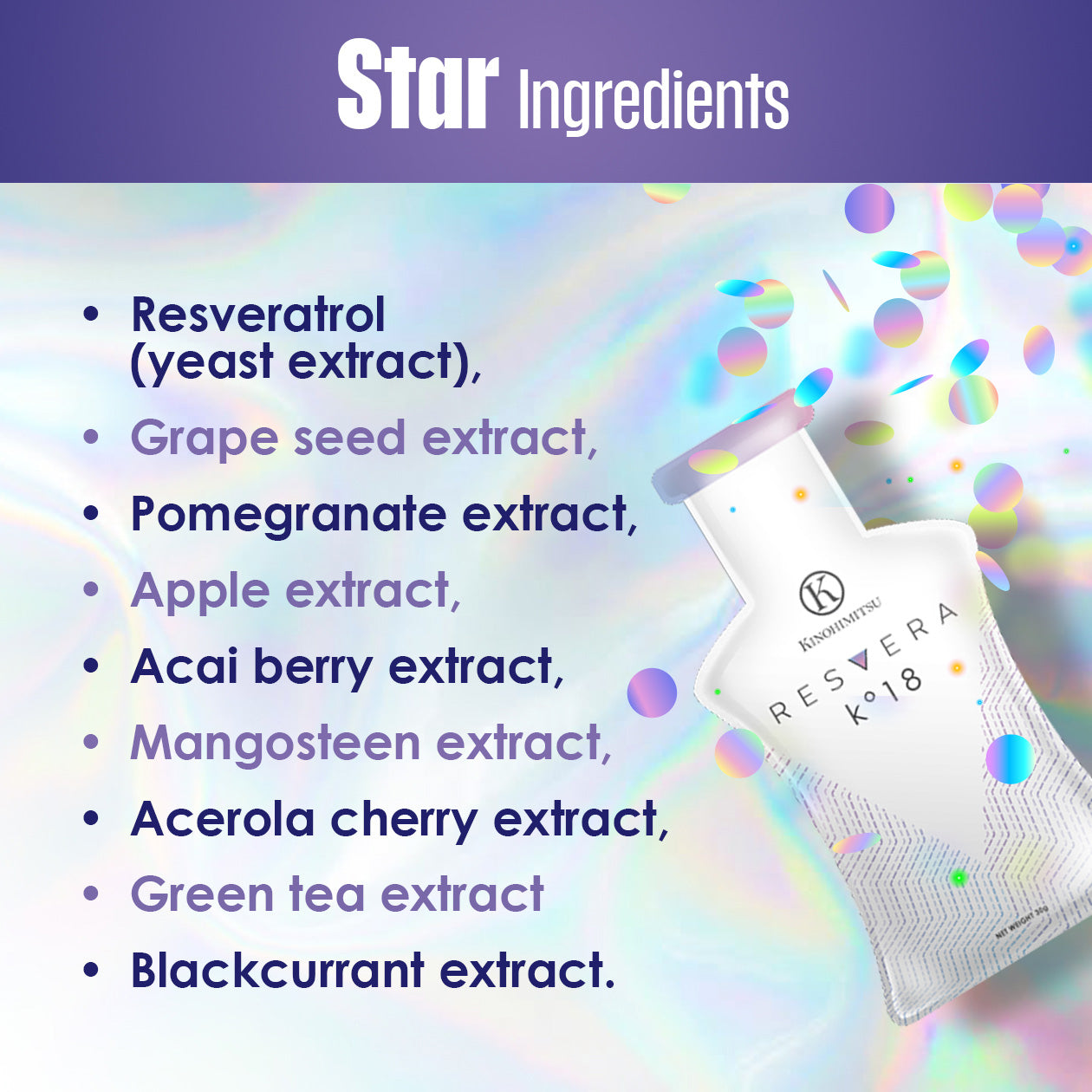 Image of Kinohimitsu Resvera K°18 with colorful background showcasing star ingredients like resveratrol, grape seed extract, pomegranate extract, apple extract, acai berry extract, mangosteen extract, acerola cherry extract, green tea extract, and blackcurrant extract. Resvera K°18 by Kinohimitsu Malaysia. The image features a product with its key ingredients listed, including Resveratrol (yeast extract), grape seed extract, pomegranate extract, apple extract, acai berry extract, mangosteen extract