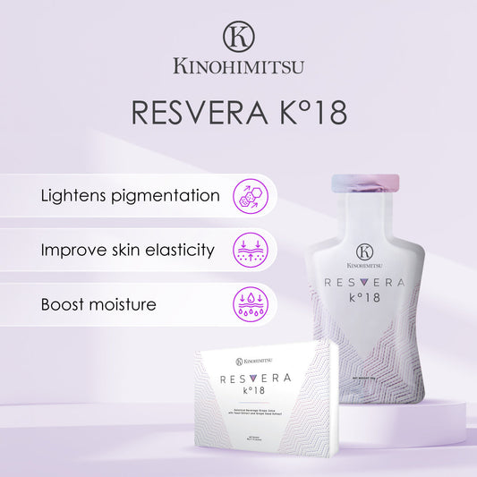 Kinohimitsu Resvera K°18 promotional image featuring a bottle and box with benefits listed: lightens pigmentation, improves skin elasticity, and boosts moisture. Resvera K°18 by Kinohimitsu Malaysia - A sleek, translucent bottle with pastel pink and purple hues, featuring the Kinohimitsu logo and Resvera K°18 branding, placed on a simple white cylindrical podium against a light purple background.