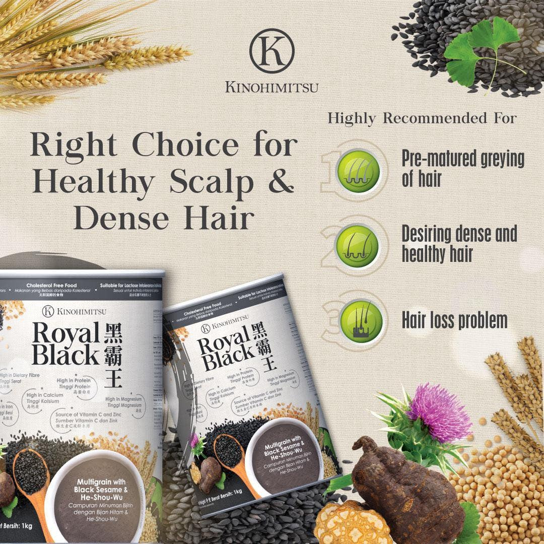 Kinohimitsu Royal Black highlighted as the right choice for healthy scalp and dense hair. Recommended for pre-mature greying, hair loss, and those wanting fuller hair.