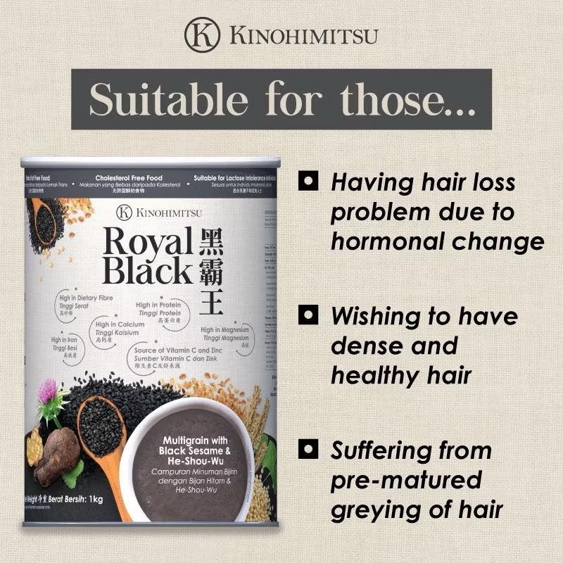 Kinohimitsu Royal Black multigrain beverage shown as suitable for those with hair loss, pre-mature greying, and people seeking dense, healthy hair.