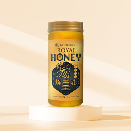  Kinohimitsu Malaysia Royal Honey jar featuring a golden label with a bee illustration, highlighting premium honey product. 