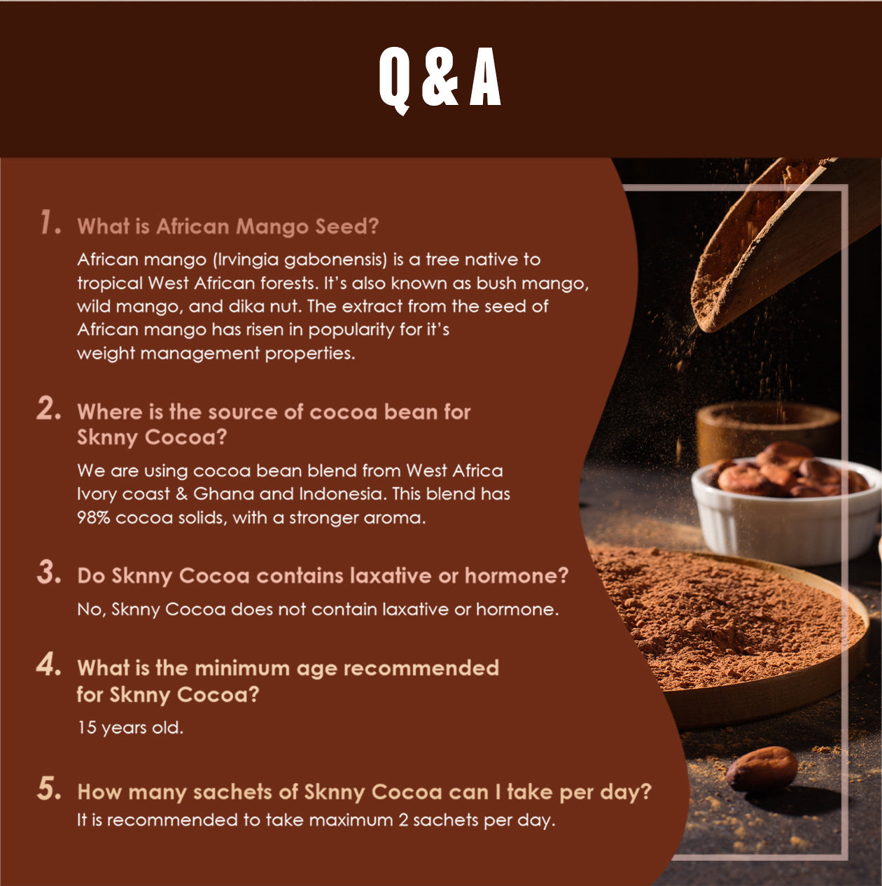 Q&A about Skinny Cocoa: Information on African Mango Seed, source of cocoa beans from West Africa and Indonesia, absence of laxatives or hormones, recommended age of 15 years, and a limit of 2 sachets per day. Brown background with an image of cocoa powder being poured and some cocoa beans visible.
