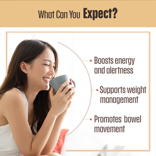 A smiling woman enjoying a cup of coffee, with text highlighting benefits like boosting energy and alertness, supporting weight management, and promoting bowel movement, emphasizing features of Skinny Coffee by Kinohimitsu Malaysia.