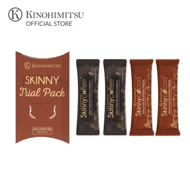 Kinohimitsu Skinny Trial Pack with coffee and cocoa sticks on a white background
