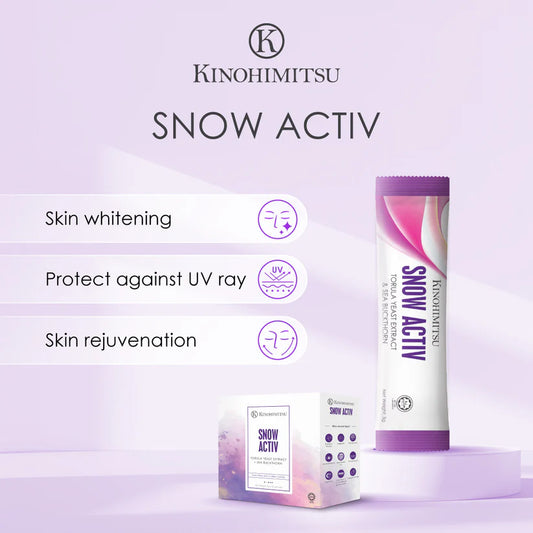 Kinohimitsu Snow Activ product packaging featuring a stick pouch and box, highlighting benefits such as skin whitening, UV ray protection, and skin rejuvenation.