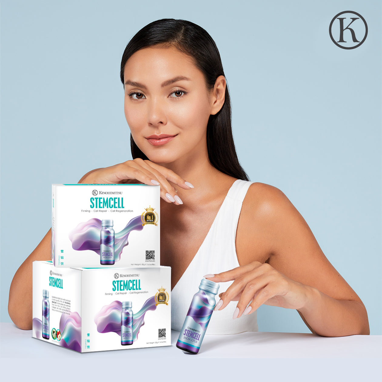 Woman smiling and holding a bottle of Kinohimitsu StemCell product with packaging boxes, promoting firming and cell regeneration benefits.